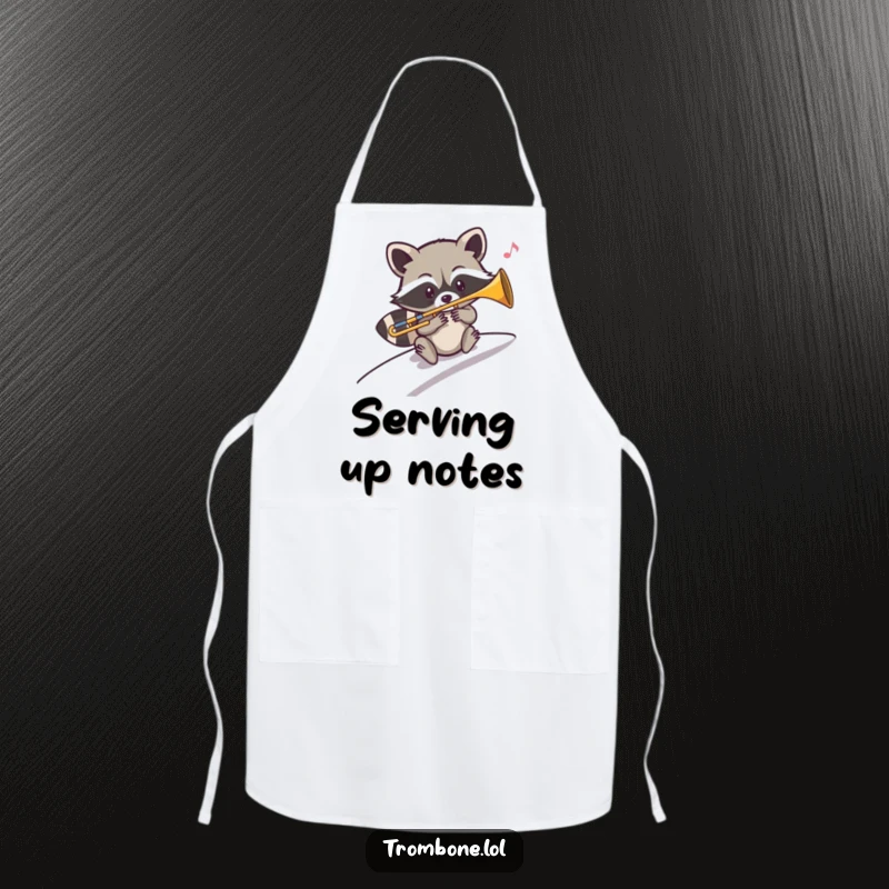Funny apron design of a mischievous raccoon playing a sliding trombone note with a cool demeanor, ready for kitchen duties.