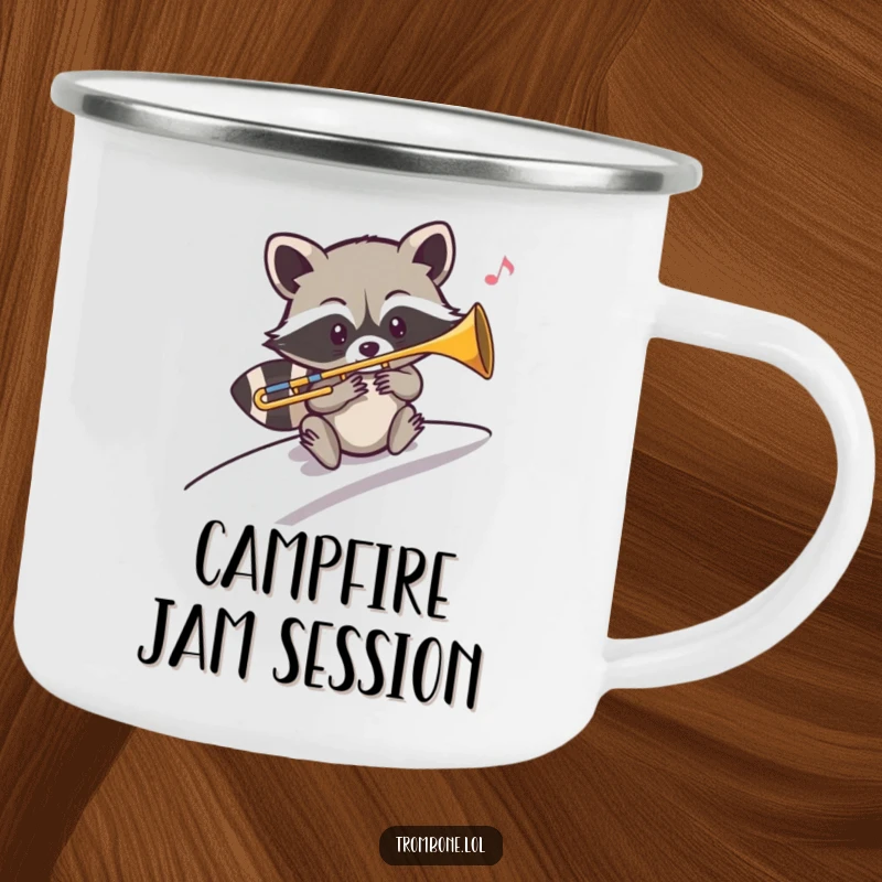 Funny camping mug featuring a mischievous raccoon playing a sliding trombone note down a slope, perfect for outdoor music lovers.