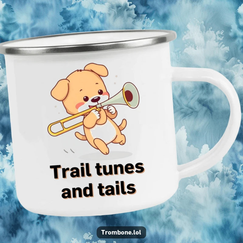 Funny camping mug featuring a playful puppy chasing its tail while holding the slide of a trombone, perfect for outdoor fun.