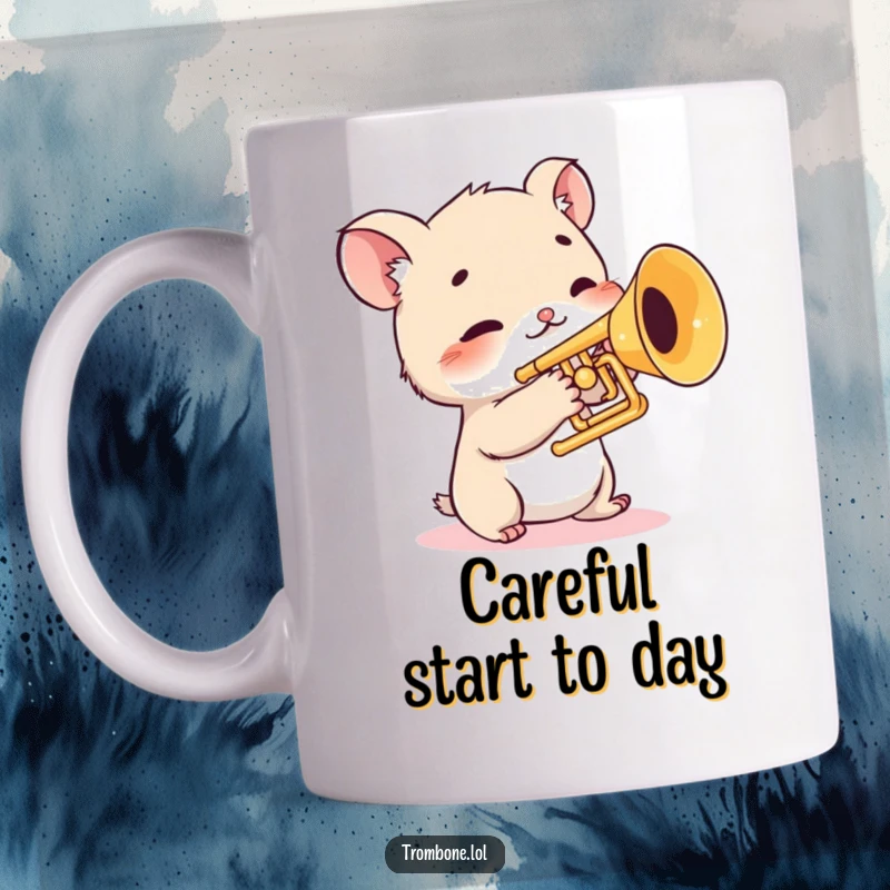 Funny mug featuring a shy creature with twitching whiskers cautiously touching the valves of a gleaming trombone, gentle music humor, timid animal art.