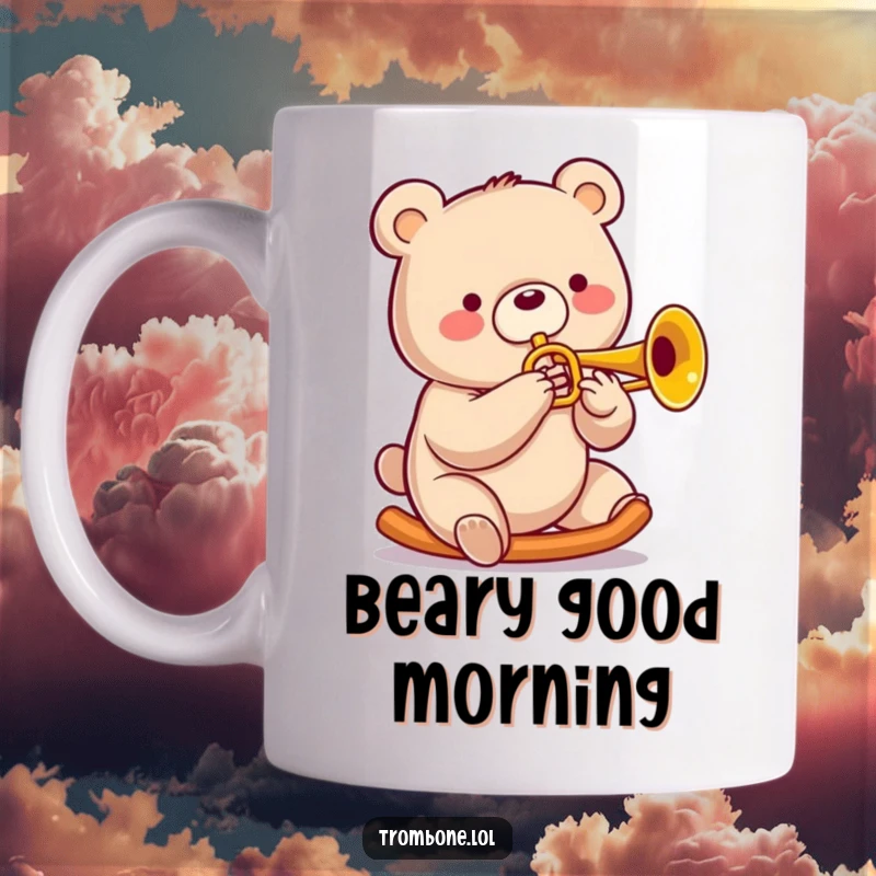 Funny bear mug showing a happy bear joyfully sliding on a trombone with a huge smile, embodying musical delight.