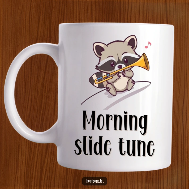 Funny raccoon mug graphic of a mischievous raccoon happily sliding down a slope while playing a sliding trombone note.