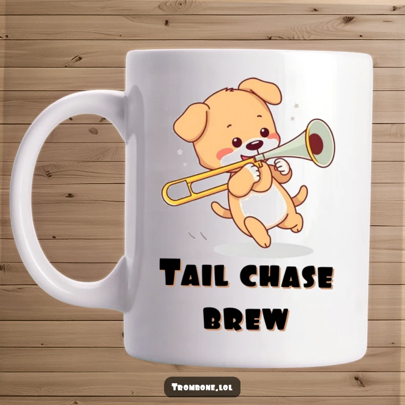 Funny puppy mug graphic of a playful puppy happily chasing its tail while holding onto the slide of a trombone.