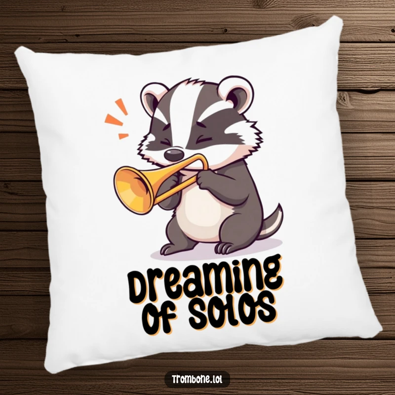 Funny badger pillow showing a determined badger blowing a loud note from a trombone, embodying musical strength and comfort.