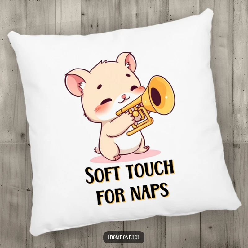Funny pillow featuring a shy creature with twitching whiskers gingerly touching the valves of a shiny trombone, comfortable home decor, musical humor.