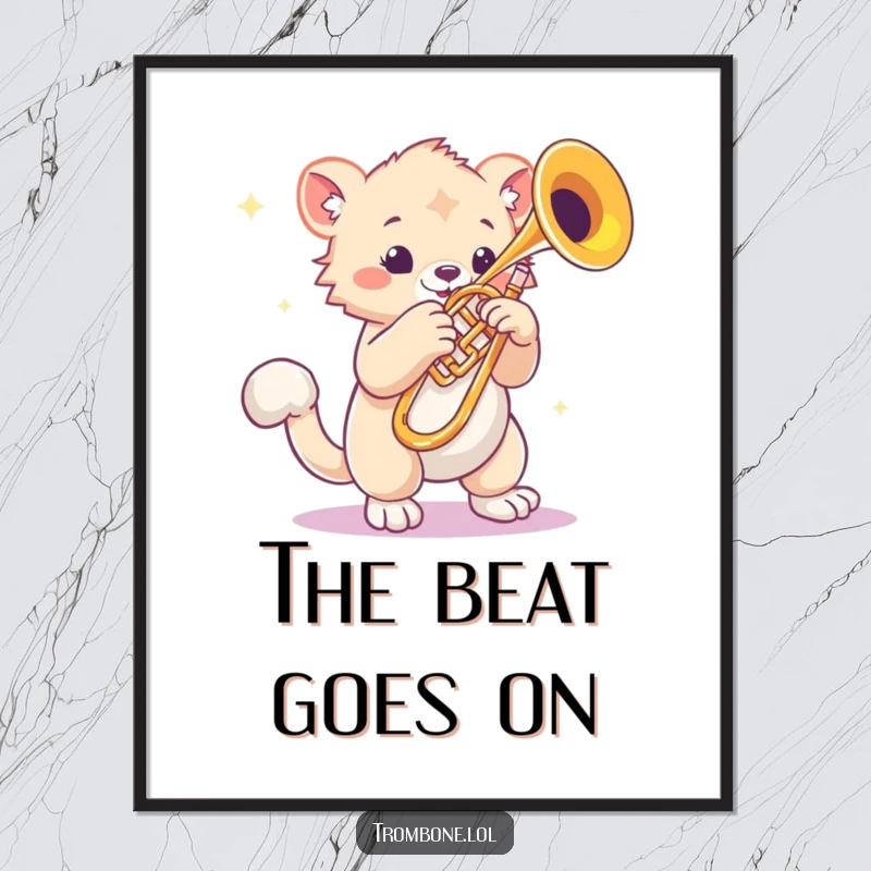 Funny digital art print of a creature with bouncy paws tapping rhythmically next to a gleaming trombone, instant download, music room decor.