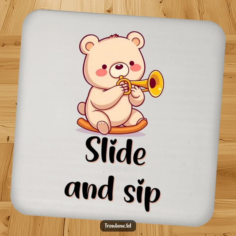 Funny bear trombone coaster depicting a cheerful bear sliding on a trombone, adding musical whimsy to drink surfaces.