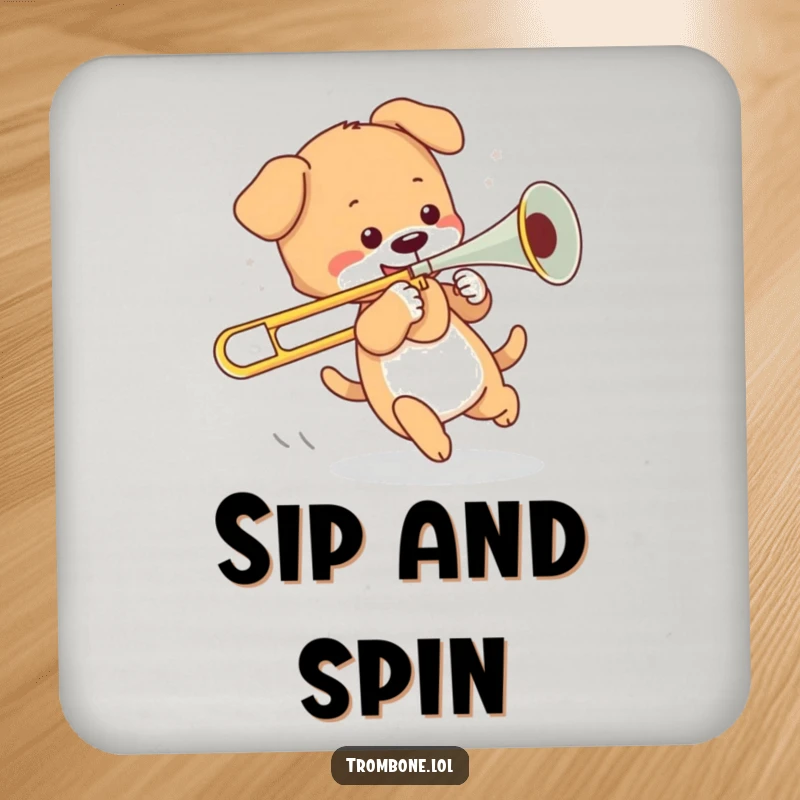 Funny drink coaster depicting a playful puppy chasing its tail, comically holding the slide of a trombone.