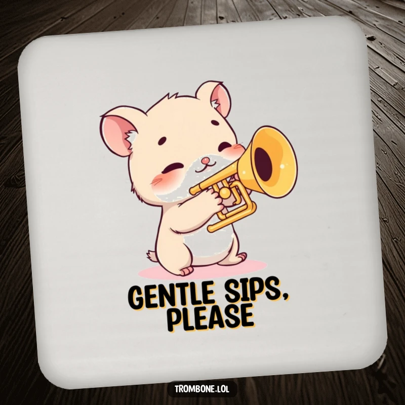 Funny drink coaster with a shy creature cautiously touching trombone valves, protecting surfaces with musical humor, timid animal.