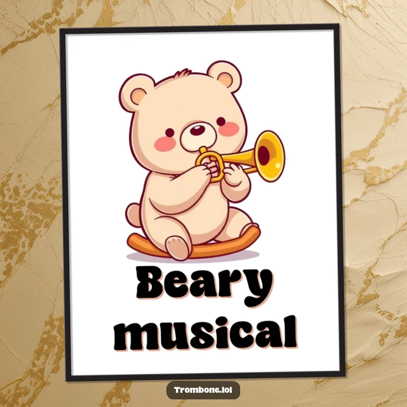 Funny bear poster depicting a cheerful bear joyfully sliding on a trombone, showcasing pure musical elation.