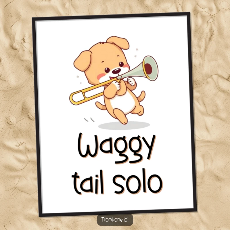 Funny poster art of a playful puppy joyfully chasing its tail while comically holding the slide of a trombone.