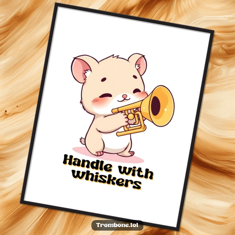 Funny poster art of a shy creature with twitching whiskers gingerly touching the valves of a trombone, timid music wall decor, cute animal illustration.