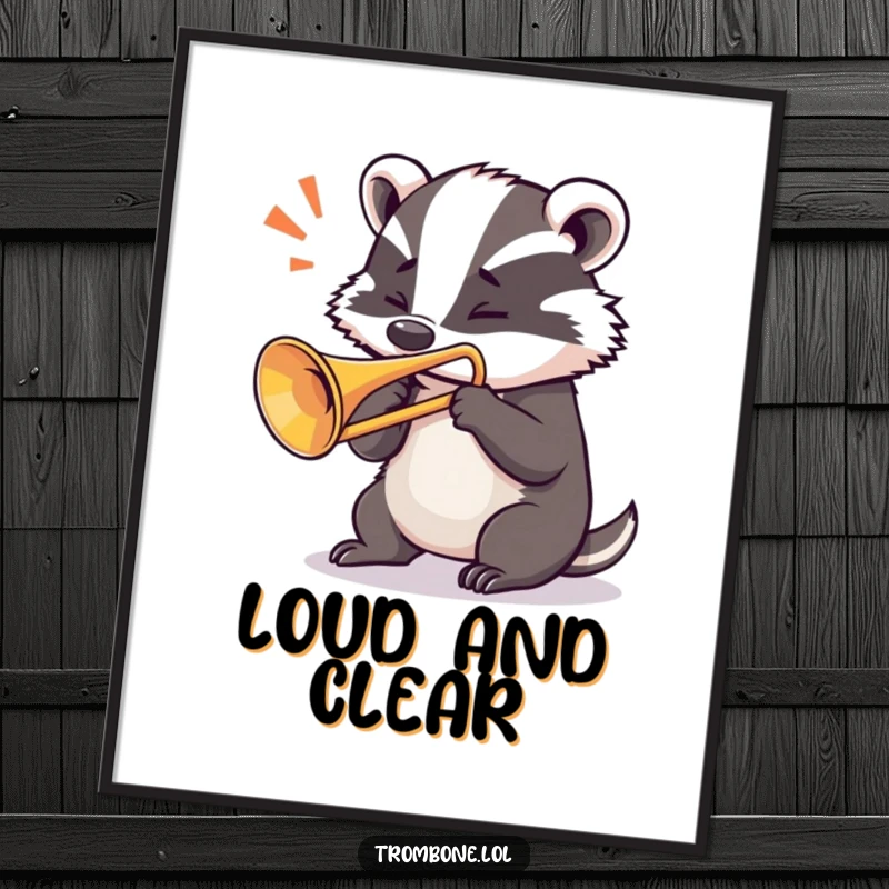 Funny badger poster depicting a determined badger blowing a loud note from a trombone, conveying intense musical expression.