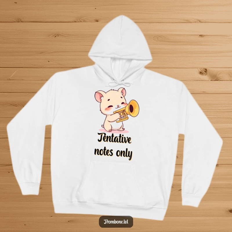 Funny hoodie with a shy creature cautiously touching trombone valves, cozy music apparel, humorous illustration of a timid animal.