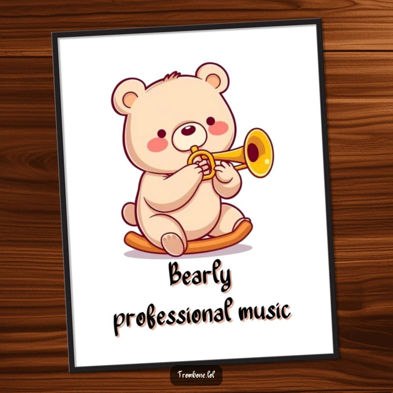 Funny Free Printable Wall Art: A cheerful bear with a wide smile, masterfully playing a trombone, whimsical musical illustration.