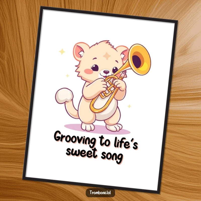 Funny Free Printable Wall Art: Creature with bouncy paws taps rhythmically next to a gleaming trombone.