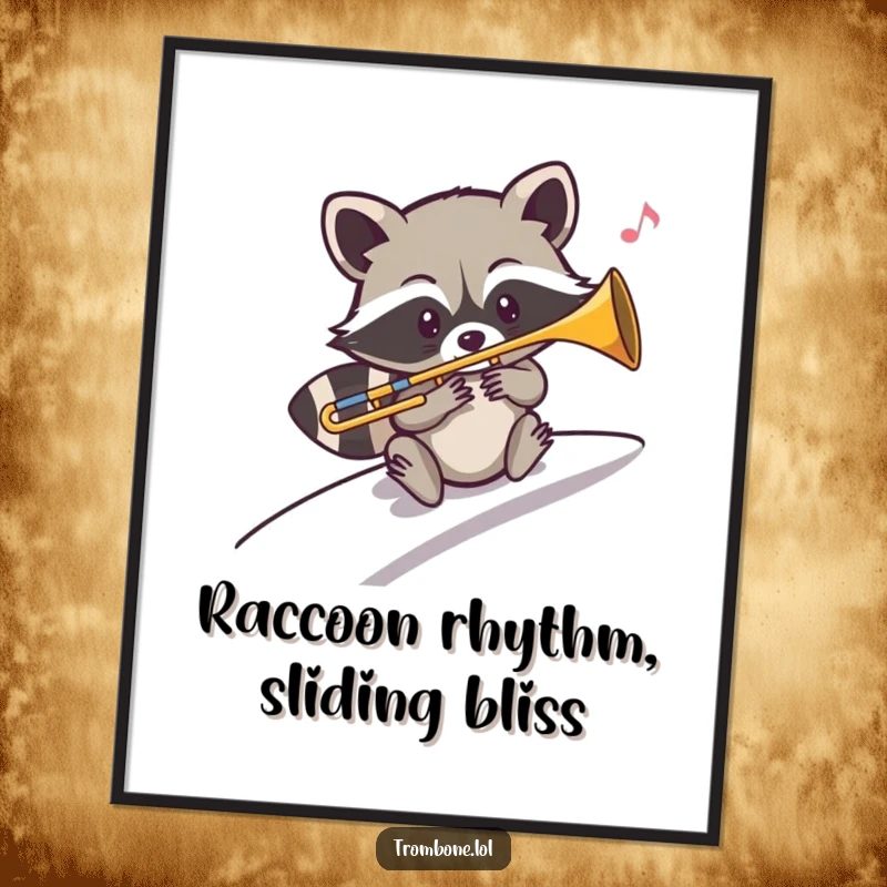 Funny Free Printable Wall Art: A mischievous raccoon sliding down a hill, playing a trombone with musical notes trailing.