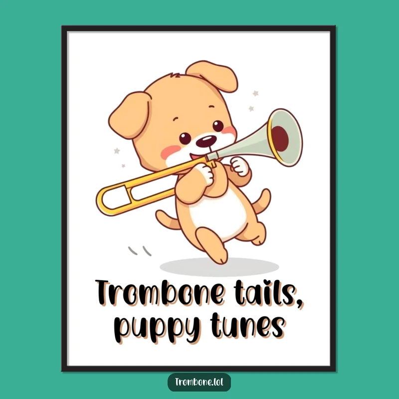 Funny Free Printable Wall Art: Puppy Trombone Tail Chase - Downloadable Decor
