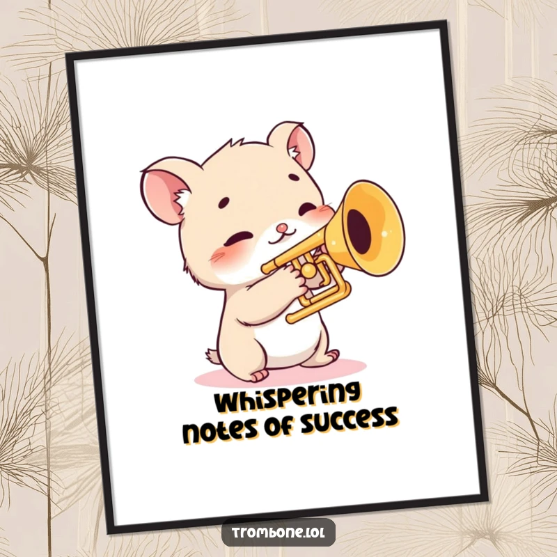 Funny Free Printable Wall Art: Shy creature with twitching whiskers gingerly touches the valves of a trombone.