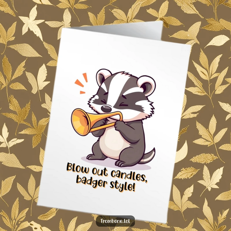 Funny Free Printable Birthday Card: A determined badger blowing a loud, powerful note from a trombone, celebrating with music.