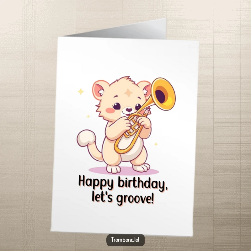 Funny Free Printable Birthday Card: Creature with bouncy paws taps rhythmically beside a gleaming trombone.
