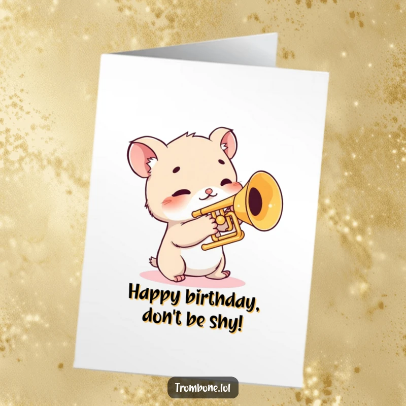 Funny Free Printable Birthday Card: Shy creature with twitching whiskers nervously touches trombone valves.