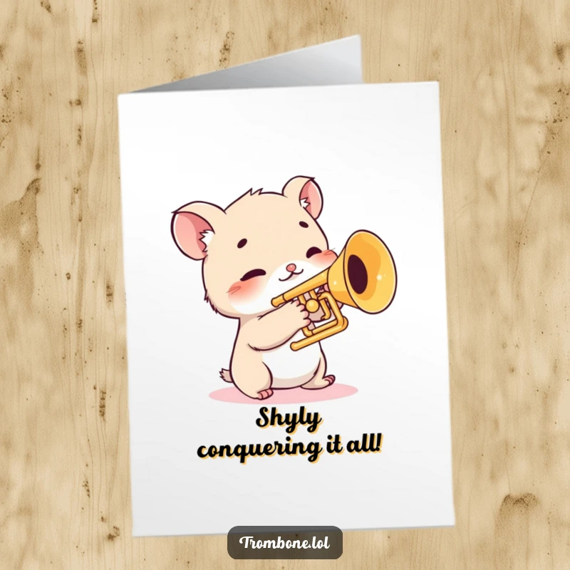 Funny Free Printable Congratulations Card: Shy creature with twitching whiskers tentatively plays a trombone.