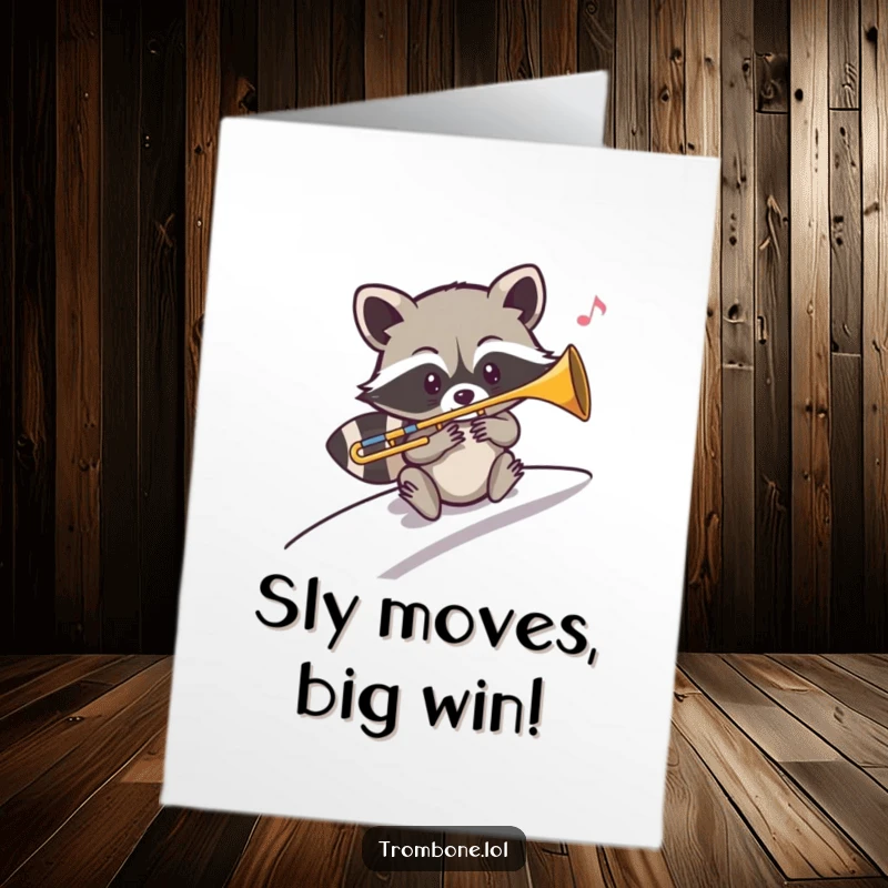 Funny Free Printable Congratulations Card: Raccoon sliding and playing a trombone, creating a smooth musical slide.
