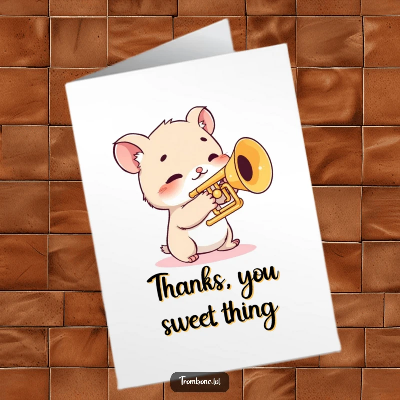 Funny Free Printable Thank You Card: Shy creature with twitching whiskers gently touches trombone valves to say thanks.