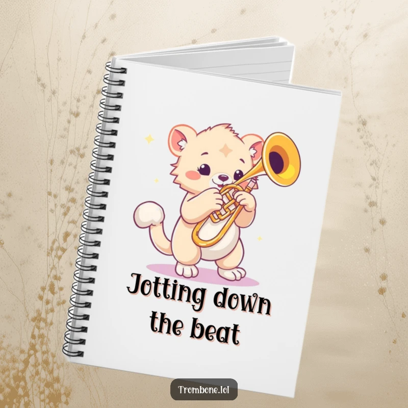 Funny notebook with a creature featuring bouncy paws tapping rhythmically next to a gleaming trombone, perfect for notes, music student gift.