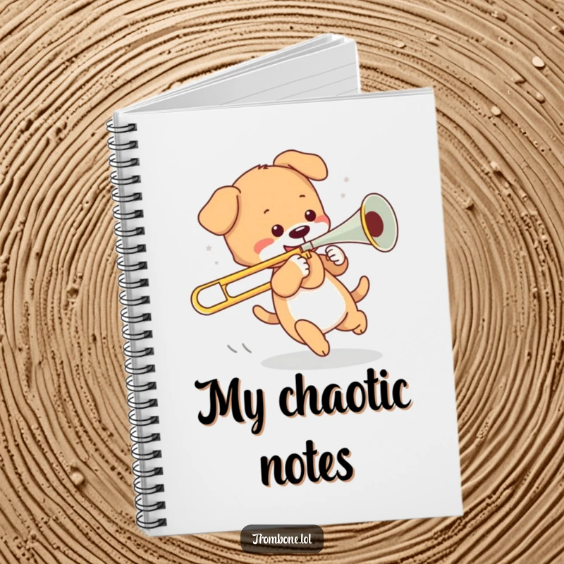 Funny notebook cover with a playful puppy chasing its tail, comically holding the slide of a trombone, ready for notes.