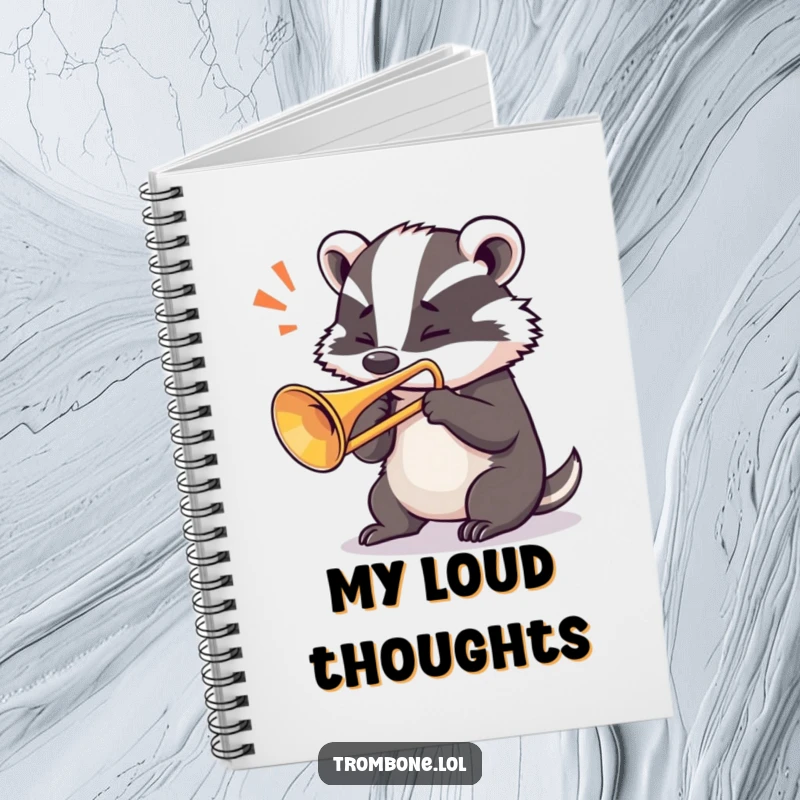 Funny badger notebook cover with a determined badger blowing a loud note from a trombone, symbolizing powerful note-taking.