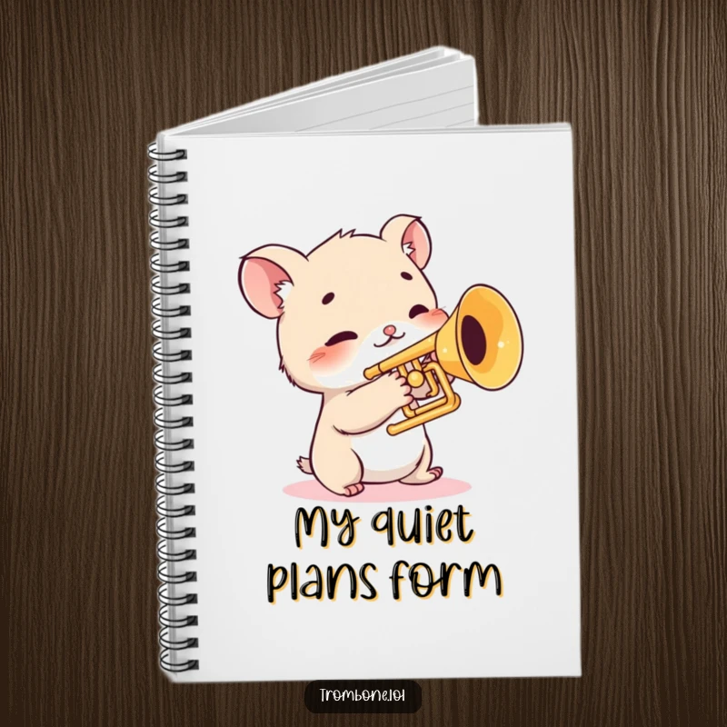 Funny notebook with a shy creature cautiously touching trombone valves, perfect for journaling, music student gift.