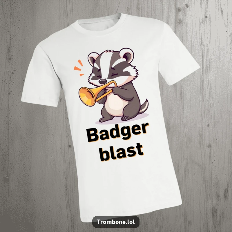Funny badger t-shirt showing a determined badger powerfully blowing a loud note from a trombone, conveying musical strength.