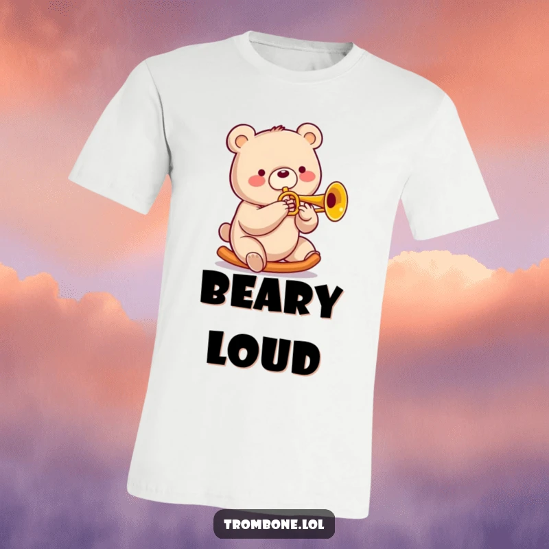 Funny bear t-shirt with a cheerful bear sliding smoothly on a trombone, a big smile reflecting pure musical joy.
