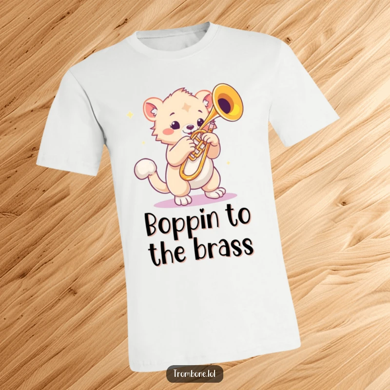 Funny t-shirt featuring a creature with animated bouncy paws tapping next to a gleaming trombone, musical rhythm design, fun animal graphic.