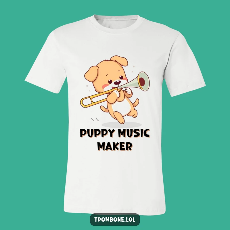 Funny Playful Puppy Trombone T-Shirt - Silly Dog Tee Gift