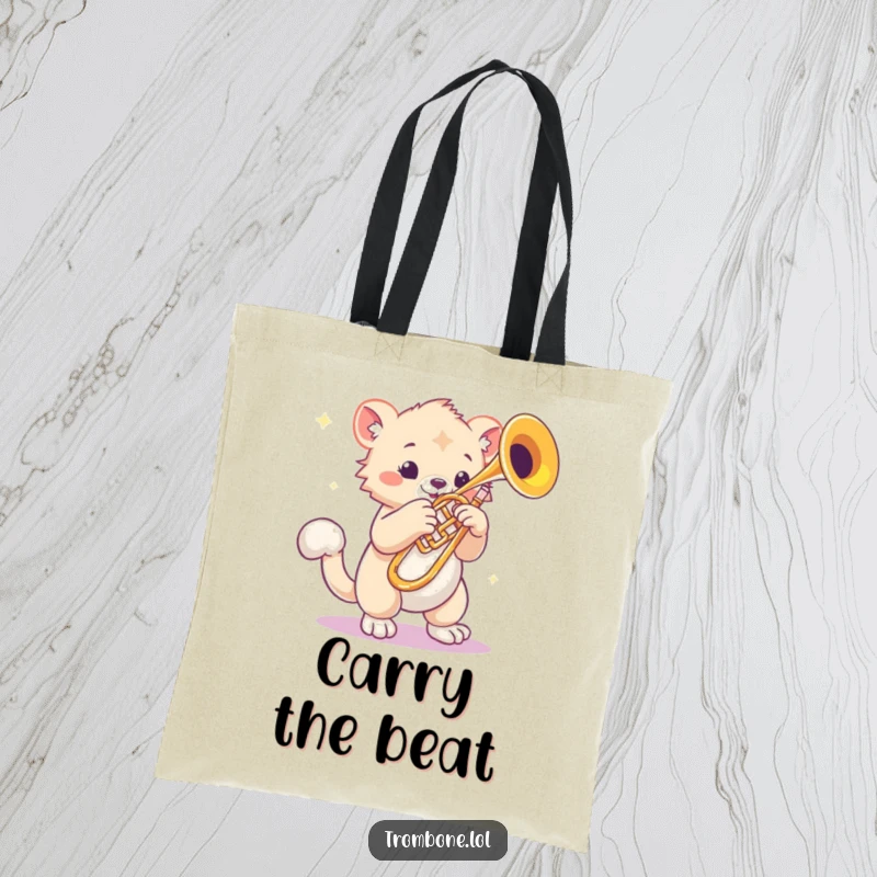 Funny tote bag showcasing a creature with bouncy paws tapping rhythmically next to a gleaming trombone, musical accessory, animal art tote.